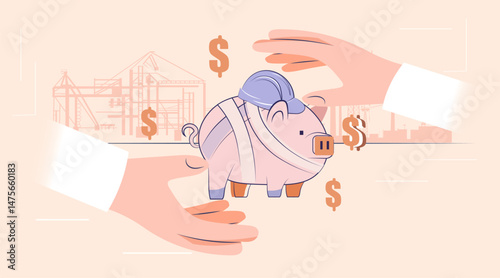 Piggy bank economic recession crisis trade war injured piggy bank with bandages construction site background protective hands dollar signs