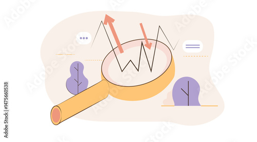 Magnifying glass analyzing stock market chart crisis economic recession falling rising arrows abstract background website banner