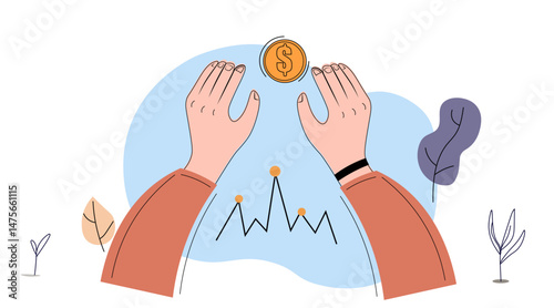 Hands protecting dollar coin financial crisis economic downturn falling graph abstract plants pastel colors modern banner