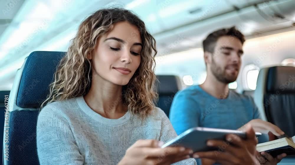 A woman using a tablet while sitting on an airplane, with a man in the background looking relaxed. A woman using a tablet while sitting on an airplane, with a man in the background looking relaxed.