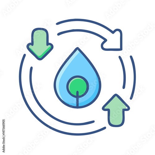 Water cycle illustration, water conservation and reuse concept icon