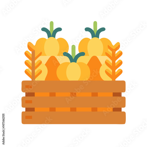 Pumpkins and wheat in a wooden crate illustration