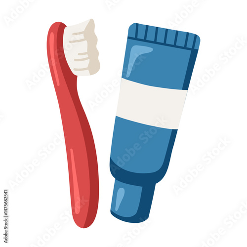 Toothbrush and toothpaste travel set in red and blue colors. Cartoon vector illustration on white background. 
