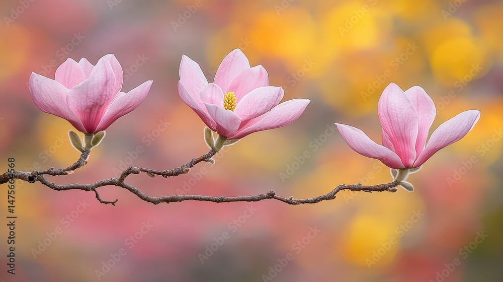 Obraz premium Delicate Pink Magnolia Blossoms on Branch Against a Soft Colorful Background, Capturing the Essence of Spring and Nature's Beauty