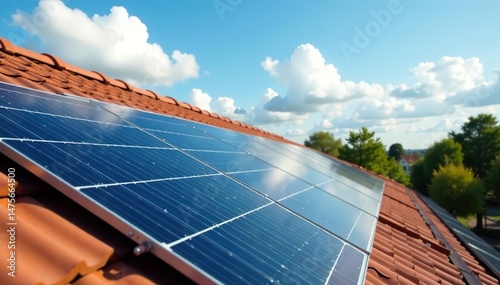 Green energy solar panels on a rooftop, producing clean electricity efficiently , energy independence, home energy, bright
