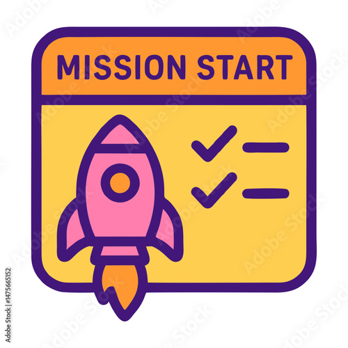 Rocket Launch Icon in Pink and Orange with Mission Start Interface for Kids' Space-Themed Mobile Games and Educational App Dashboards on Transparent Background