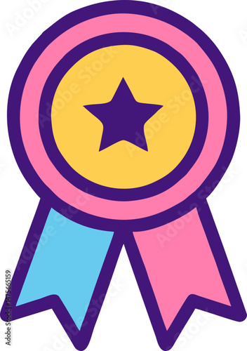 Cute Ribbon Award Badge in Yellow, Pink, and Blue for Kids' Achievement Screens and Reward Systems in Educational or Mobile Games on Transparent Background