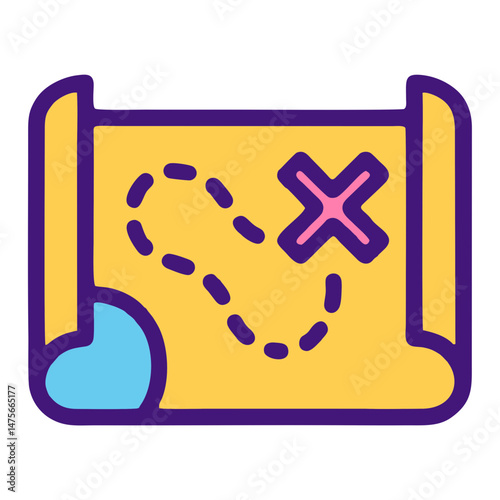 Treasure Map Icon with Pink X Mark in Yellow and Blue for Adventure Quests in Kids’ Pirate or Exploration Mobile Games on Transparent Background