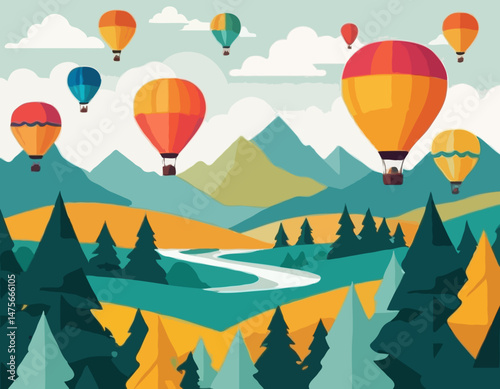 Hot Air Balloon Vector Illustration with Colorful Balloons Flying over Mountains and Forest Landscape for Travel Agency Website Headers and Adventure Tourism Promotion.