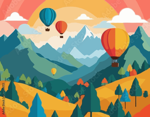 Hot Air Balloon Vector Illustration with Colorful Balloons Flying over Mountains and Forest Landscape for Travel Agency Website Headers and Adventure Tourism Promotion.