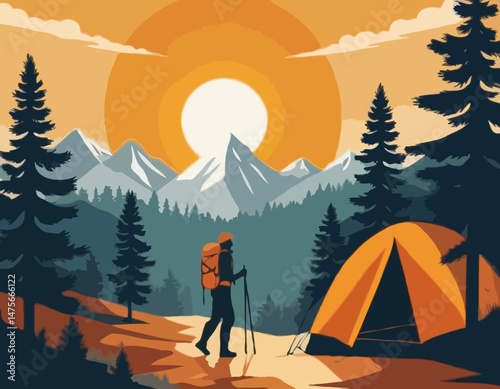 Mountain Hiking Vector Illustration with Hiker Silhouette, Camping Tent, Pine Trees, and Sun Rays for Outdoor Adventure Posters and Nature Travel Blog Graphics.