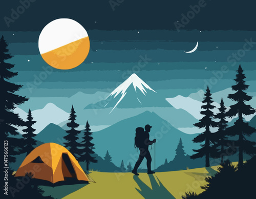Mountain Hiking Vector Illustration with Hiker Silhouette, Camping Tent, Pine Trees, and Sun Rays for Outdoor Adventure Posters and Nature Travel Blog Graphics.