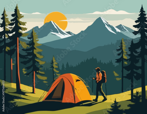 Mountain Hiking Vector Illustration with Hiker Silhouette, Camping Tent, Pine Trees, and Sun Rays for Outdoor Adventure Posters and Nature Travel Blog Graphics.