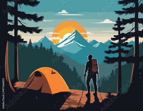 Mountain Hiking Vector Illustration with Hiker Silhouette, Camping Tent, Pine Trees, and Sun Rays for Outdoor Adventure Posters and Nature Travel Blog Graphics.