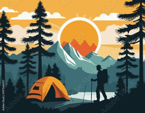 Mountain Hiking Vector Illustration with Hiker Silhouette, Camping Tent, Pine Trees, and Sun Rays for Outdoor Adventure Posters and Nature Travel Blog Graphics.