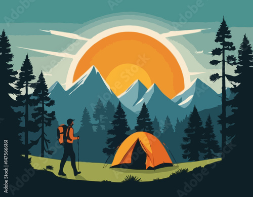 Mountain Hiking Vector Illustration with Hiker Silhouette, Camping Tent, Pine Trees, and Sun Rays for Outdoor Adventure Posters and Nature Travel Blog Graphics.