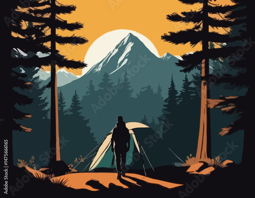 Mountain Hiking Vector Illustration with Hiker Silhouette, Camping Tent, Pine Trees, and Sun Rays for Outdoor Adventure Posters and Nature Travel Blog Graphics.