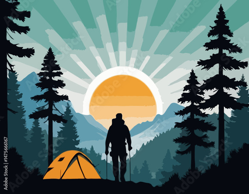Mountain Hiking Vector Illustration with Hiker Silhouette, Camping Tent, Pine Trees, and Sun Rays for Outdoor Adventure Posters and Nature Travel Blog Graphics.