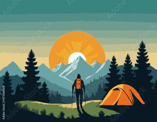 Mountain Hiking Vector Illustration with Hiker Silhouette, Camping Tent, Pine Trees, and Sun Rays for Outdoor Adventure Posters and Nature Travel Blog Graphics.