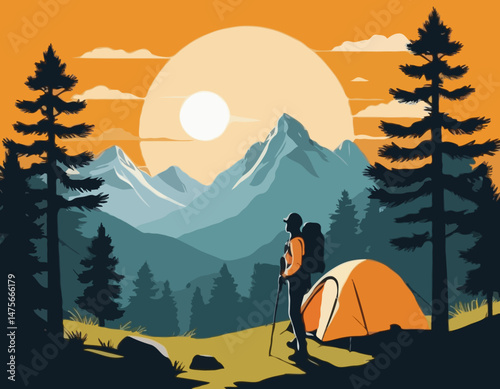 Mountain Hiking Vector Illustration with Hiker Silhouette, Camping Tent, Pine Trees, and Sun Rays for Outdoor Adventure Posters and Nature Travel Blog Graphics.