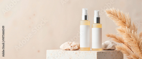 Elegant skincare products on stone platform, natural beauty branding photo