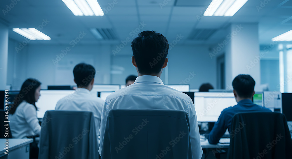 Fototapeta premium Teamwork in a Serene Office: A Cool-toned Professional Setting