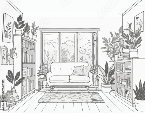 Line Art Vector Illustration of a Cozy Tiny Home Interior with Plants, Books, and Natural Light, Evoking a Sense of Hygge and Simple Living, Suitable for Interior Design Websites and Home Decor Blogs.