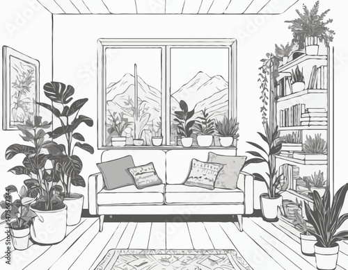 Line Art Vector Illustration of a Cozy Tiny Home Interior with Plants, Books, and Natural Light, Evoking a Sense of Hygge and Simple Living, Suitable for Interior Design Websites and Home Decor Blogs.