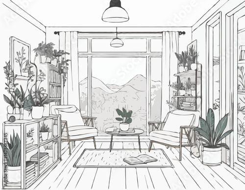Line Art Vector Illustration of a Cozy Tiny Home Interior with Plants, Books, and Natural Light, Evoking a Sense of Hygge and Simple Living, Suitable for Interior Design Websites and Home Decor Blogs.