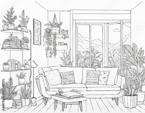 Line Art Vector Illustration of a Cozy Tiny Home Interior with Plants, Books, and Natural Light, Evoking a Sense of Hygge and Simple Living, Suitable for Interior Design Websites and Home Decor Blogs.