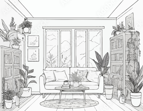 Line Art Vector Illustration of a Cozy Tiny Home Interior with Plants, Books, and Natural Light, Evoking a Sense of Hygge and Simple Living, Suitable for Interior Design Websites and Home Decor Blogs.
