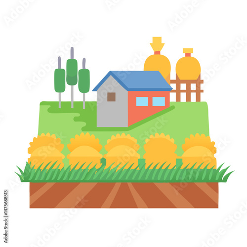 Cute Cartoon Farm Scene with House and Hay Bales