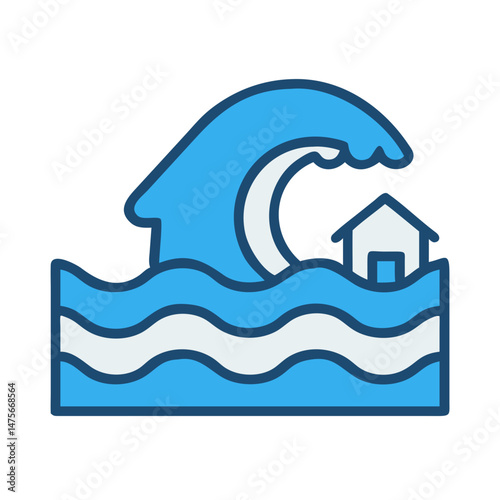 Blue Wave and House Icon: Tsunami Illustration