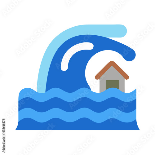 Tsunami wave engulfing house, natural disaster illustration concept