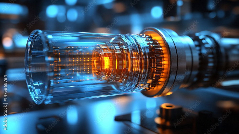 Obraz premium A pneumatic hydraulic piston designed for industrial machinery, showcasing modern, shiny technology. The clean, bright image highlights the simplicity and efficiency of the piston, emphasizing its rol