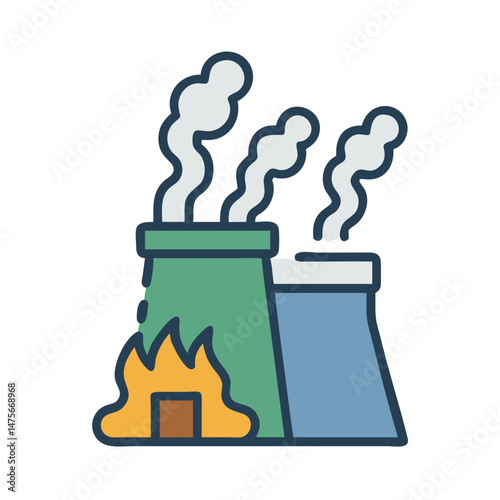 Factory with smoke and fire, pollution illustration design