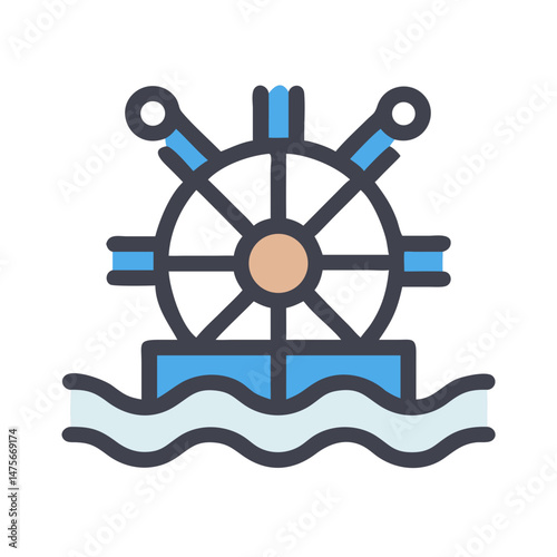 Water Wheel on Waves Flat Icon Illustration