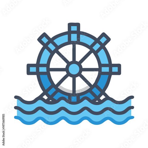 Water Wheel in River Icon, Energy Generation Concept