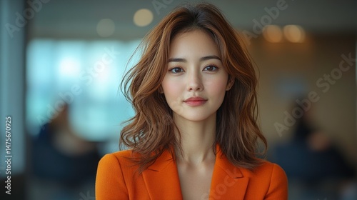 Wallpaper Mural Confident Young Woman with Wavy Hair in Orange Blazer Posing Elegantly in Modern Interior Space with Soft Lighting and Professional Ambiance Torontodigital.ca