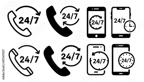 24/7 Customer Support Icon Set – Phone and Mobile Service Symbols , Twenty four seven call center support vector icons set