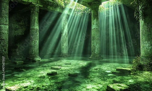 Sunlight filters through ancient ruins, illuminating a serene underwater landscape