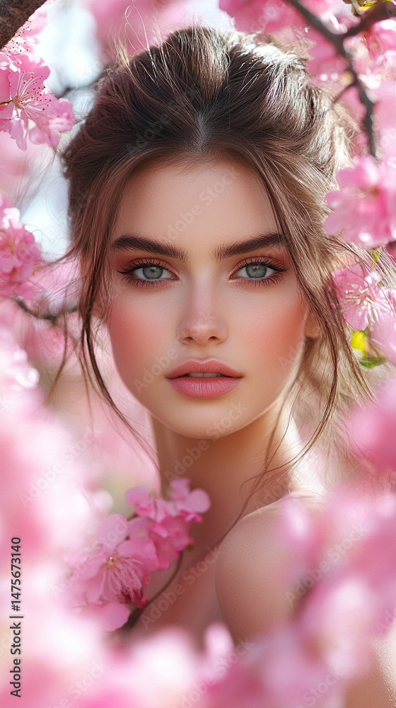 A stunning portrait of a young woman surrounded by spring blossoms, with vibrant flowers framing her face. The outdoor setting captures the fresh, lively spirit of spring, highlighting natural beauty A stunning portrait of a young woman surrounded by spring blossoms, with vibrant flowers framing her face. The outdoor setting captures the fresh, lively spirit of spring, highlighting natural beauty