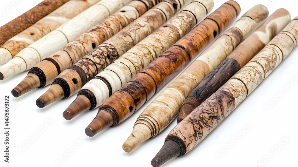 Handcrafted wooden flutes arranged on white background; perfect for music, craft, or artisan websites Handcrafted wooden flutes arranged on white background; perfect for music, craft, or artisan websites