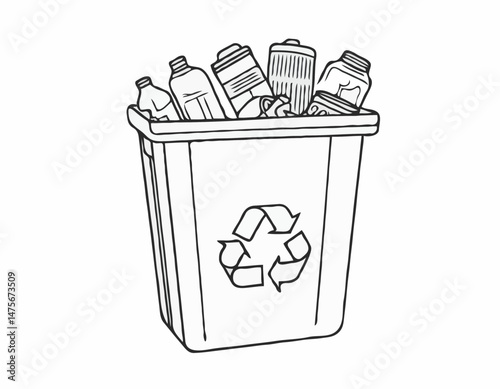 Line Art Illustration of a Recycling Bin with Various Materials