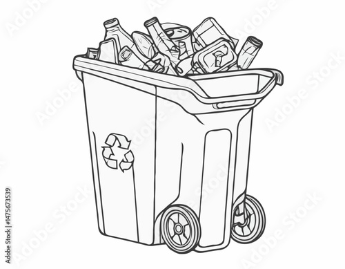 Line Art Illustration of a Recycling Bin with Various Materials