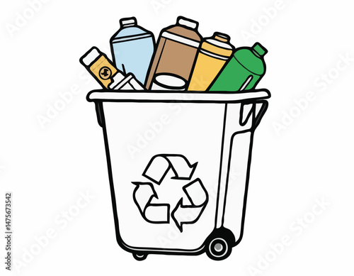 Line Art Illustration of a Recycling Bin with Various Materials