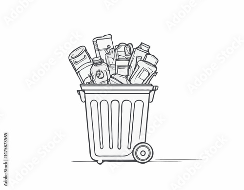 Line Art Illustration of a Recycling Bin with Various Materials