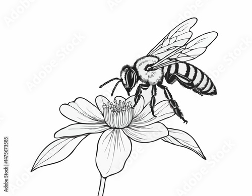 Detailed Line Drawing of a Bee on a Flower