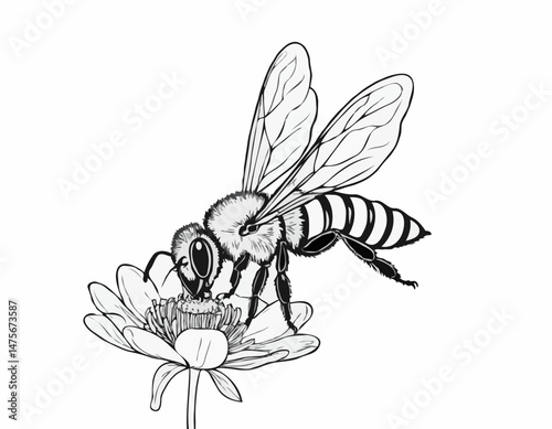 Detailed Line Drawing of a Bee on a Flower