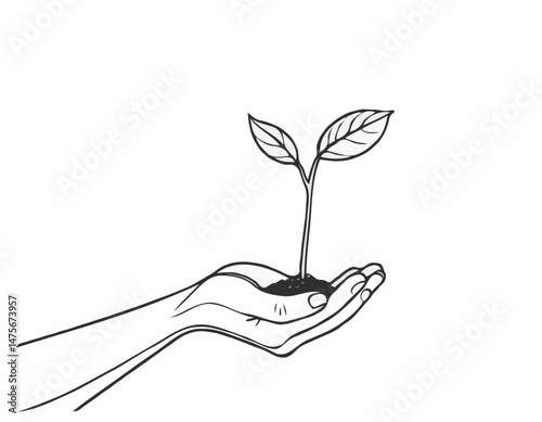 Continuous Line Art of a Hand Holding a Sprout